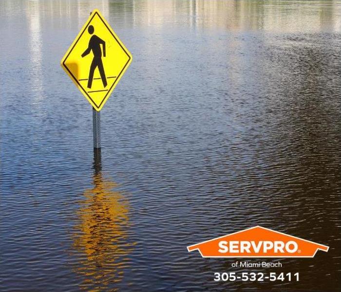 A pedestrian walking sign stands submerged in floodwaters.
